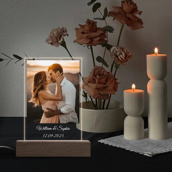 Personalized LED Night Light with Wooden Base For Couples