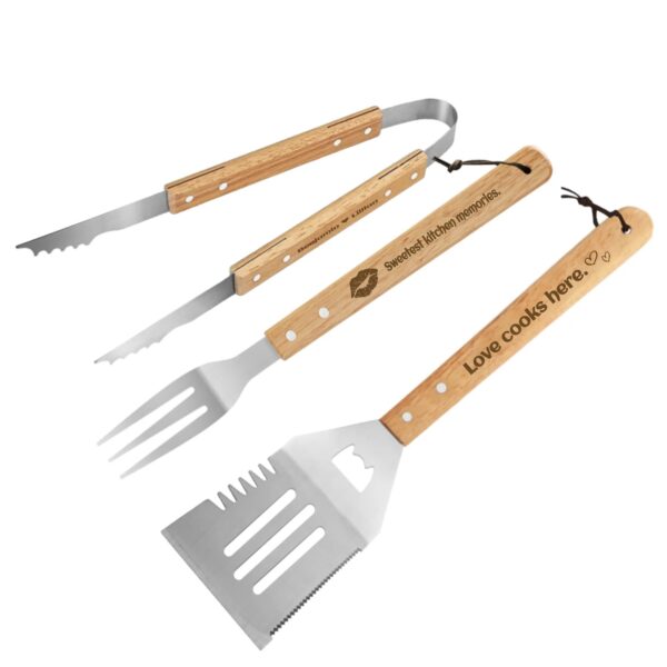 Personalized Stainless Steel Grilling Tool Set with Engraved Wood Handle